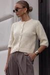 Elegancki kardigan damski śmietankowy z super kid moheru premium Yarn