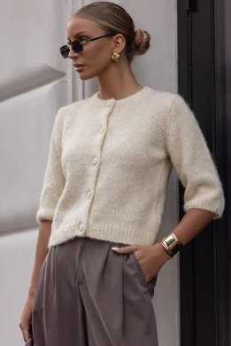 Elegancki kardigan damski śmietankowy z super kid moheru premium Yarn
