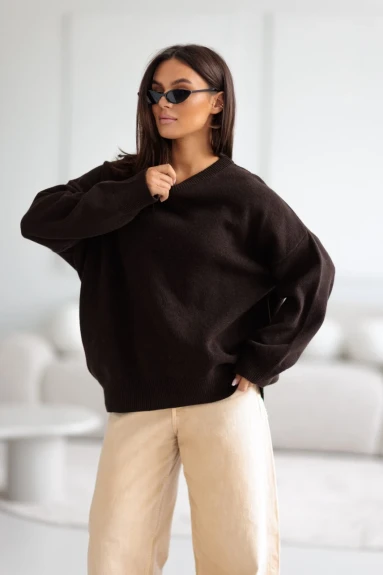 Sweter damski oversize wełniany czekoladowy Madame Sue