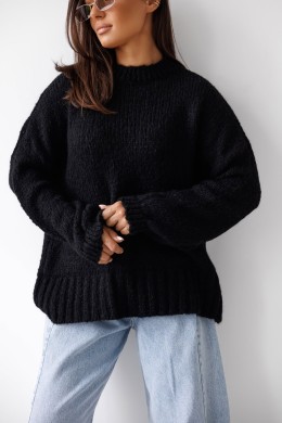 Sweter damski oversize czarny z dodatkiem wełny i moheru Madame Sue