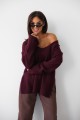 Wełniany sweter oversize damski w serek Madame Sue śliwkowy