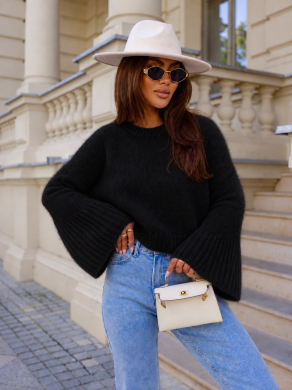 Sweter damski z ozdobnym rękawem super kid moher Yarn czarny