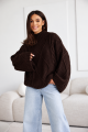 Czekoladowy sweter damski warkocz oversize z golfem Madame Sue