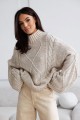 Beżowy sweter damski warkocz oversize z golfem Madame Sue