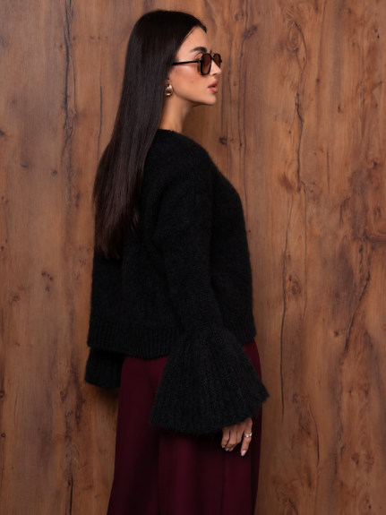 Sweter damski z ozdobnym rękawem super kid moher Yarn czarny