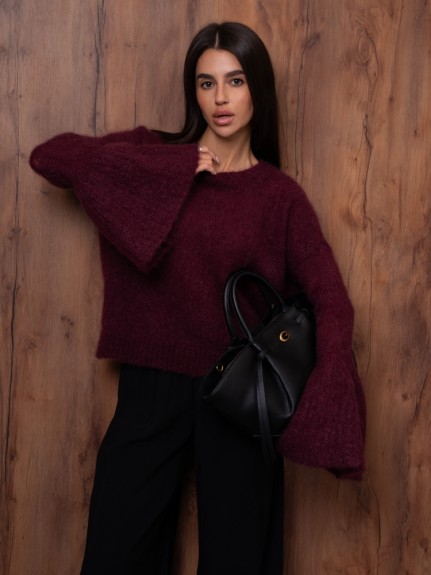 Sweter damski z ozdobnym rękawem super kid moher Yarn śliwkowy