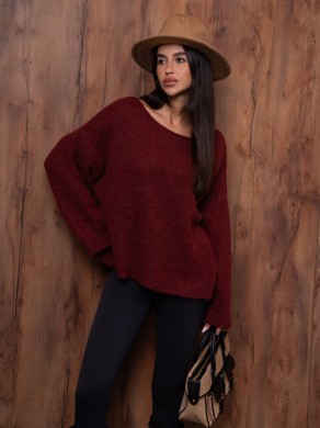 Sweter damski w łódkę z alpaki suri Yarn bordowy