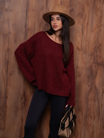 Sweter damski w łódkę z alpaki suri Yarn bordowy
